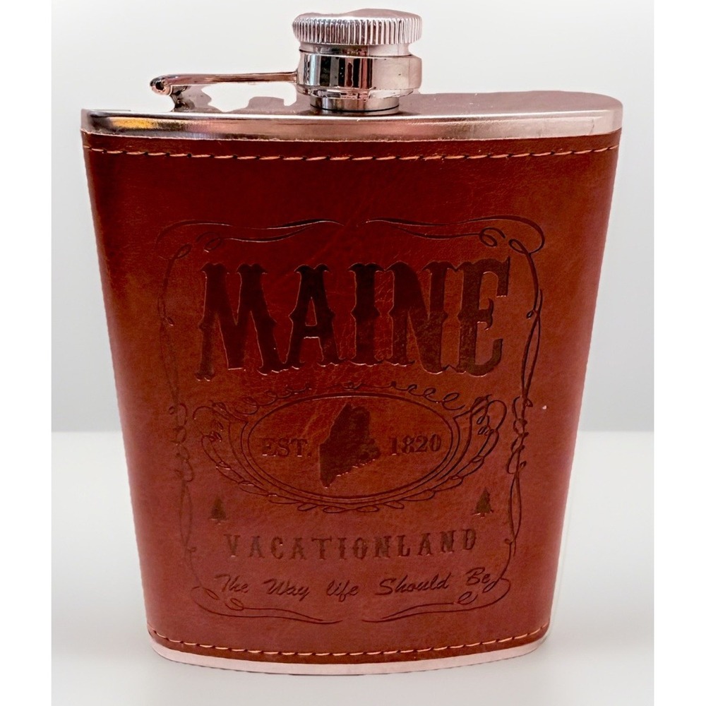 VTG Flask Leather Wrapped Maine Logo 8oz Stainless Mancave Retro Dad Gift Hunt